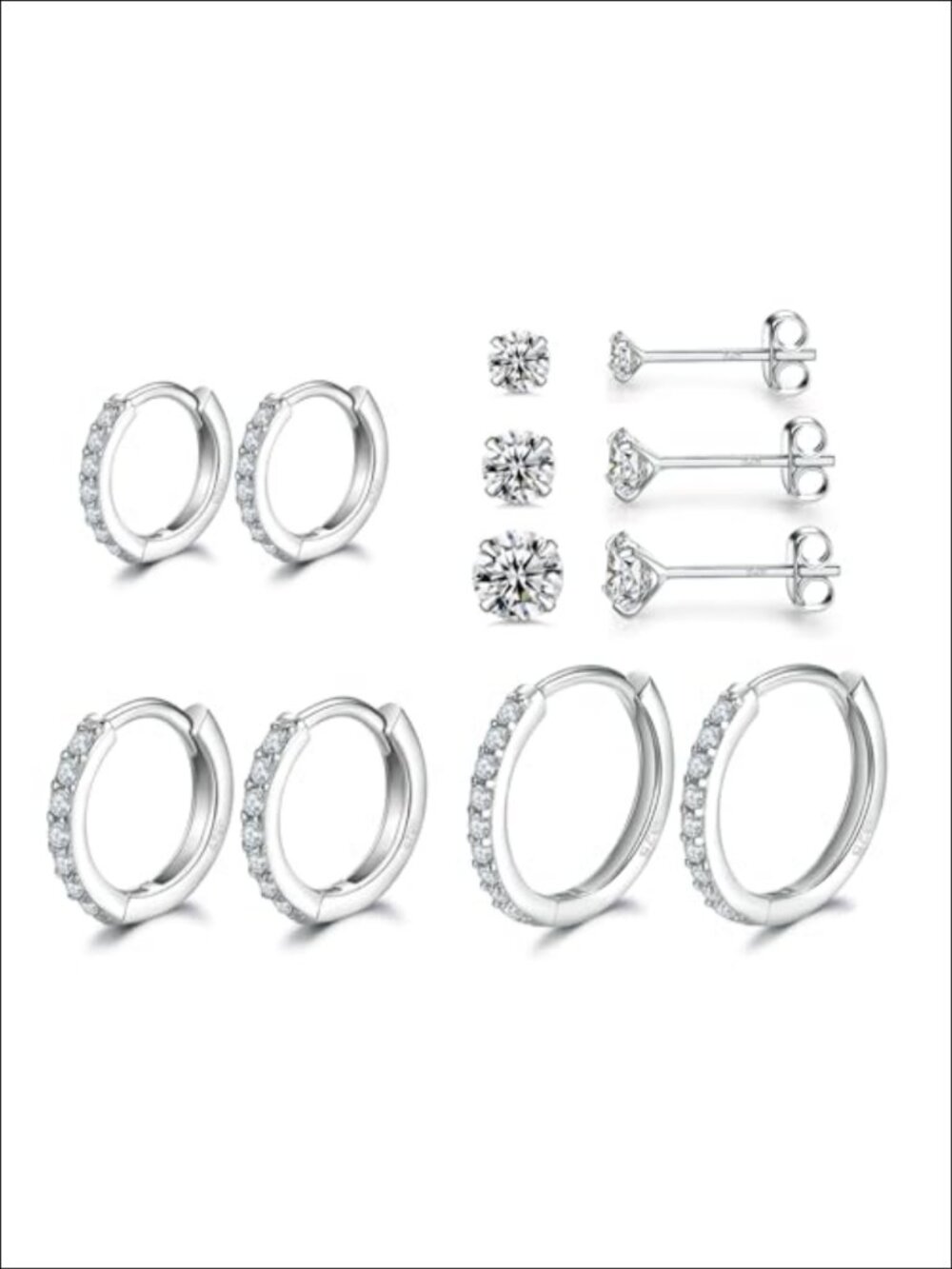 Sterling Silver Hoop and Stud Earrings Set 6 Pairs Hypoallergenic